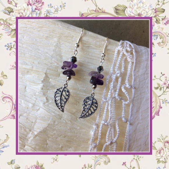 🌸 AMETHYST DANGLE DROP GEMSTONE METAL LEAF EARRINGS GYPSY BOHO PURPLE GEM TREND - Picture 4 of 7